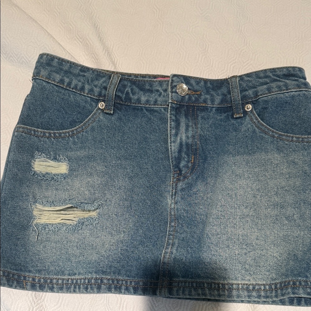 Edikted Blue Denim Mini Skirt with Distressed Accents